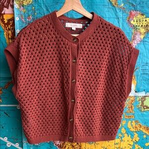 LOFT Rust Open-Knit Button Front Short Sleeve Sweater Vest